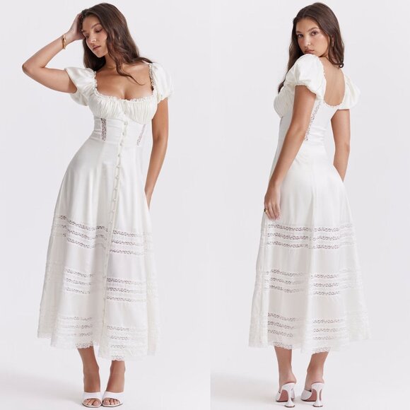 House of CB Eviana Ivory Real Silk Lace Puff Sleeve Maxi Dress - Picture 16 of 17
